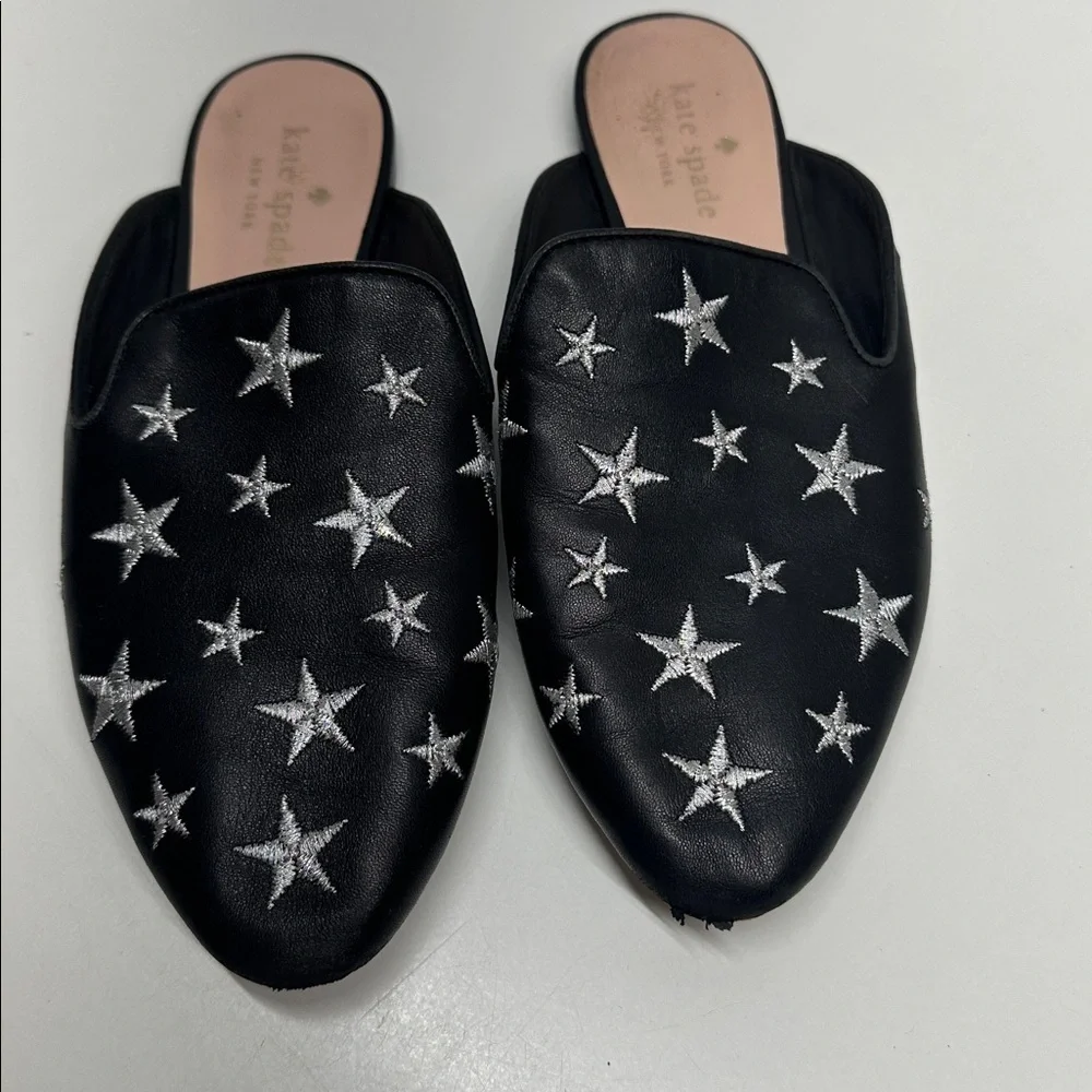 Kate Spade Mules Slides Leather Shoes Stars Embroidered Slip On Silver Black 6